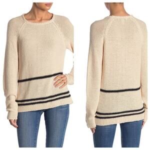 M Magaschoni Large L Knit Stripe Pullover Sweater Natural Cream Black NEW